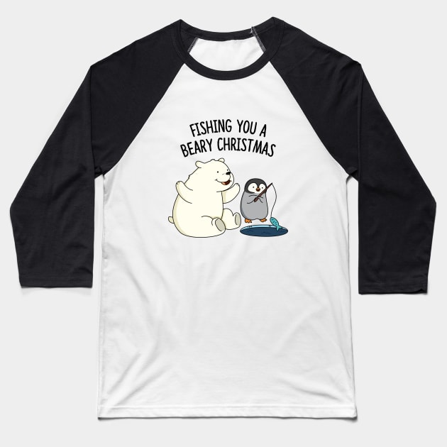 Fishing You A Beary Christmas Cute Polar Bear Pun Baseball T-Shirt by punnybone